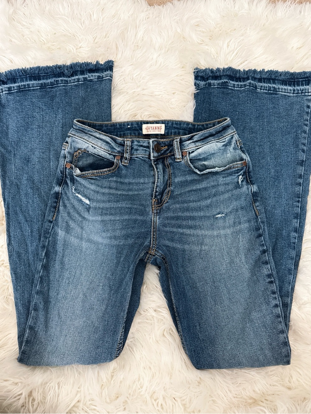 Shyanne Distressed Blue Wide Leg Jeans with Frayed Hem